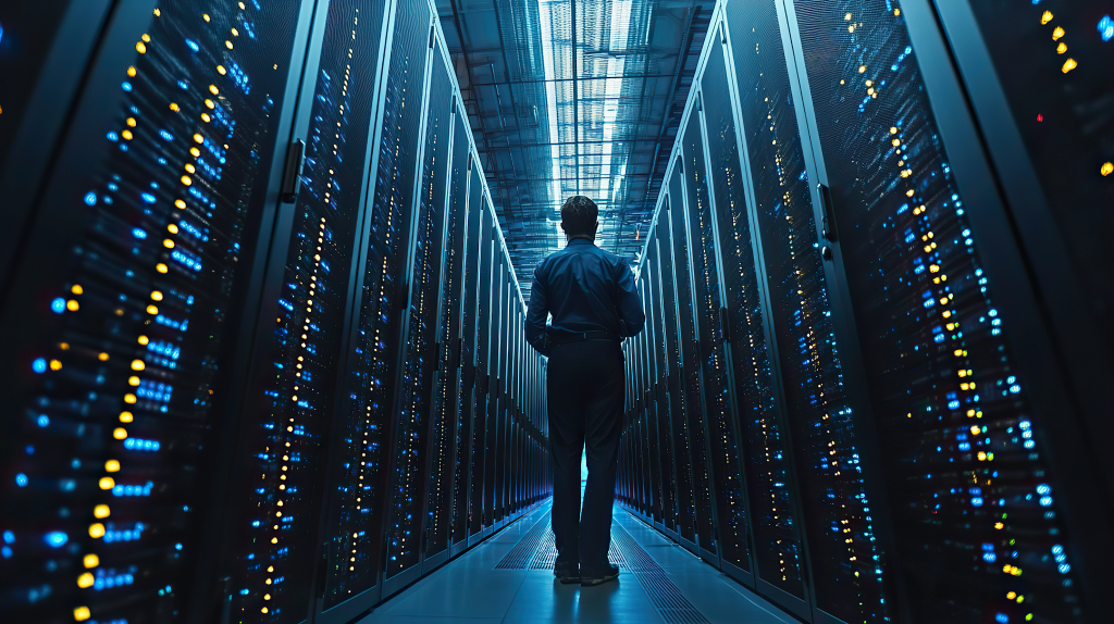 A man in business attire walks down a narrow server room corridor between glowing blue server racks.