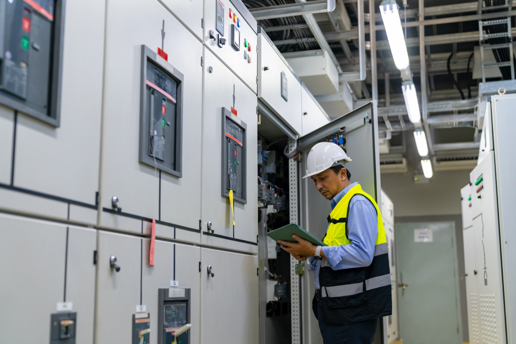 Male technician in a yellow safety vest and white hard hat inspecting large electrical control panels in an industrial facility