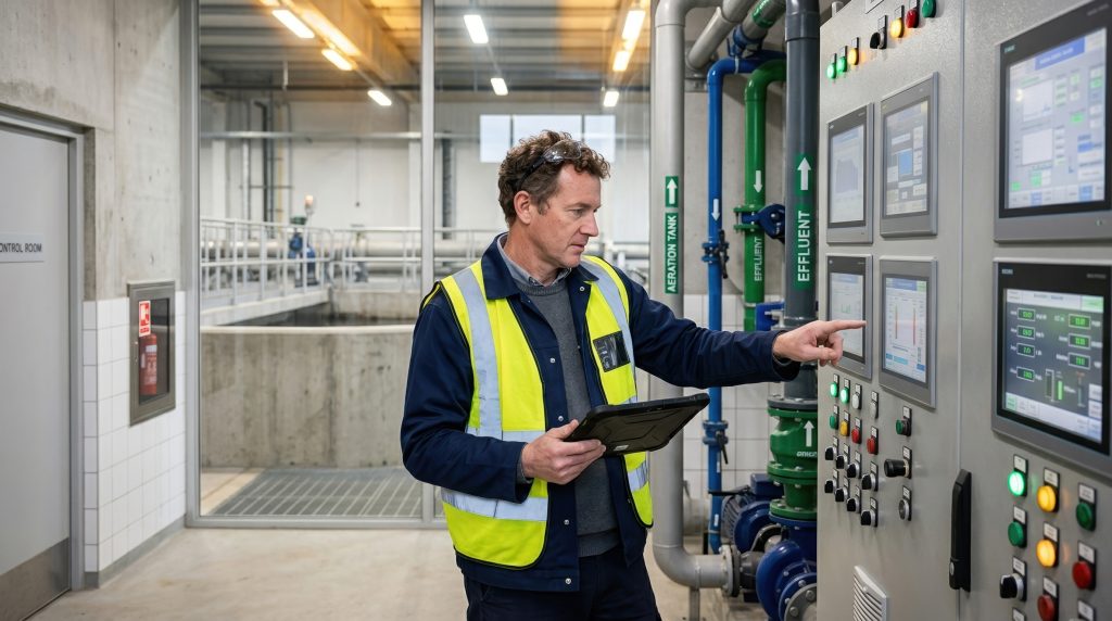 Maintenance technician in a high-visibility vest operating industrial control panels with a tablet in hand in a plant room