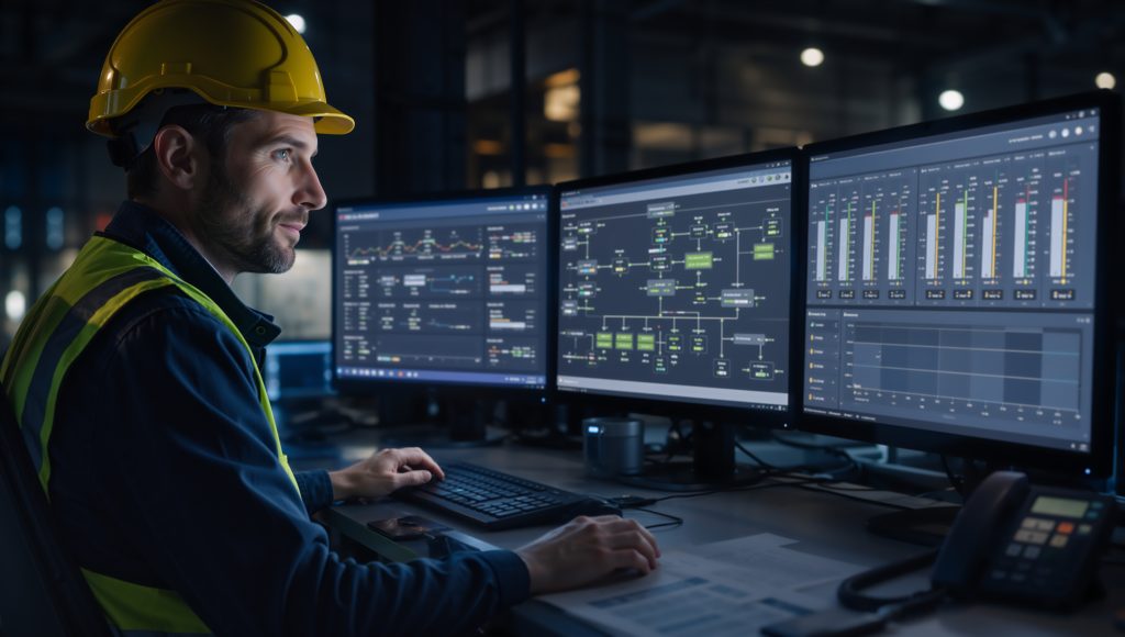 Profile view of a technician wearing a yellow hard hat and high-visibility vest, monitoring multiple dashboards on three screens in a dim control room.